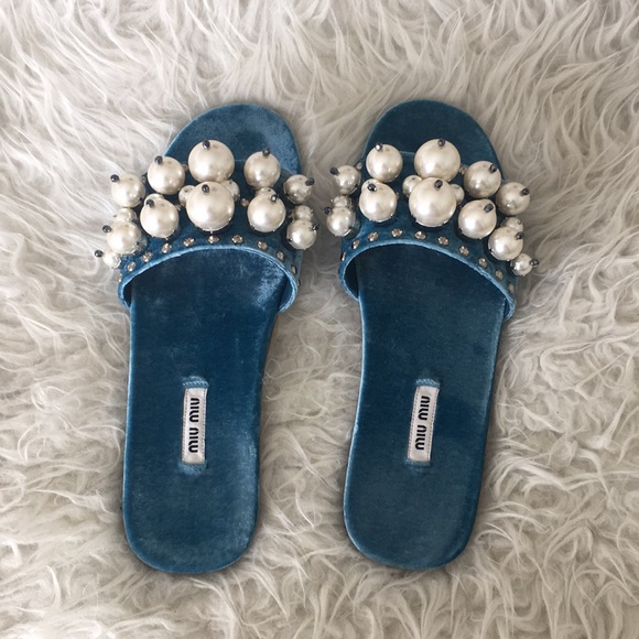Miu Miu Shoes - NWT Miu Miu velvet teal pearl slide sandals